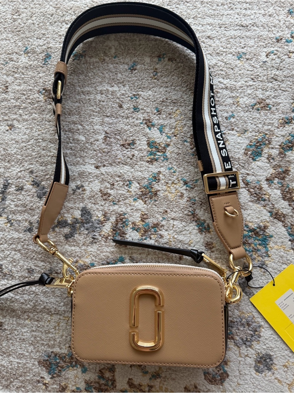 Marc Jacobs Tan Snapshot Crossbody with Striped Logo Strap